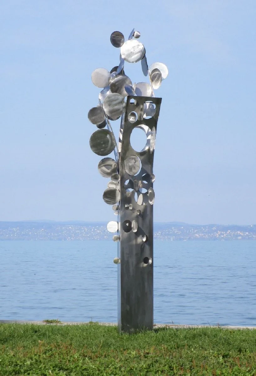 Casa Padrino escultura de jardín de acero inoxidable de diseño Árbol de monedas plata 75 x 70 x A. 260 cm - Decoración de jardín hecha a mano resistente a la intemperie