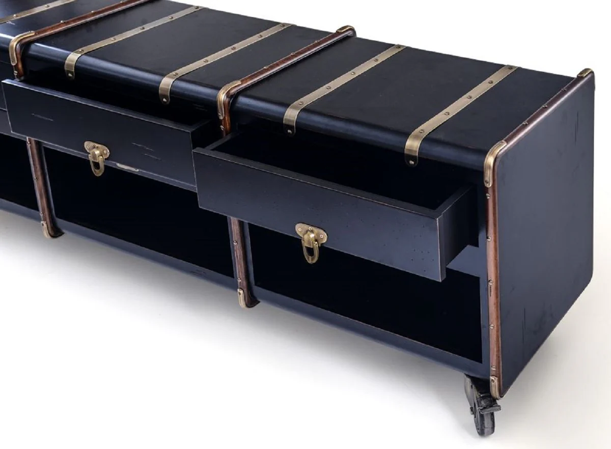 Casa Padrino armario TV de lujo en óptica maleta negro / marrón / latón 201 x 48 x A. 65 cm - Armario maleta de madera maciza con ruedas - Mueble de salón - Muebles de lujo en óptica maleta