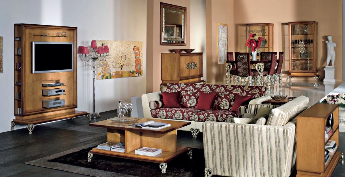 Casa Padrino conjunto de comedor barroco de lujo marr¨®n / rojo burdeos / plata antigua - 1 Mesa de Comedor Barroco y 6 Sillas de Comedor Barrocos - Muebles de comedor barroco - Hecho en Italia