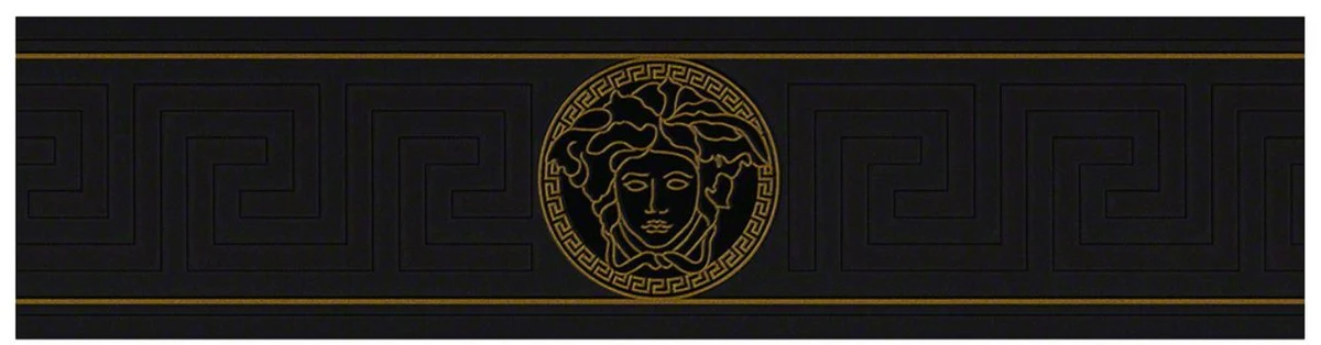 Versace Papel Pintado No Tejido Barroco Diseño Griego 935224 Negro / Oro - Borde - Papel Tapiz de Diseño - Calidad de Lujo