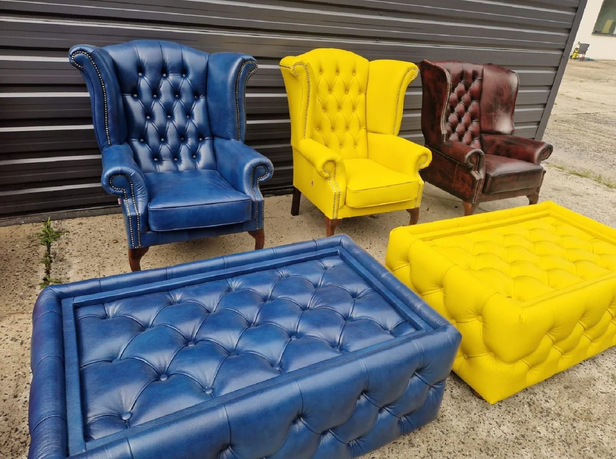 Casa Padrino sill¨®n orejero Chesterfield de lujo amarillo / marr¨®n oscuro 98 x 90 x A. 110 cm - Sill¨®n de sal¨®n Chesterfield de cuero genuino - Muebles de Sal¨®n Chesterfield de Lujo de Cuero