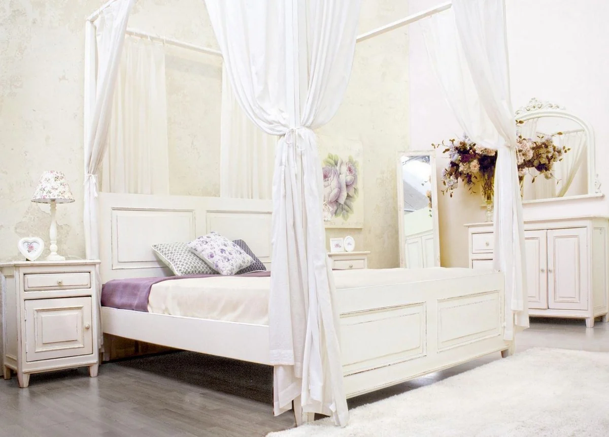 Casa Padrino cama doble de estilo campestre blanco antiguo 175 x 209 x A. 210 cm - Cama de madera maciza con cortinas de algod¨®n - Muebles de dormitorio en estilo campestre