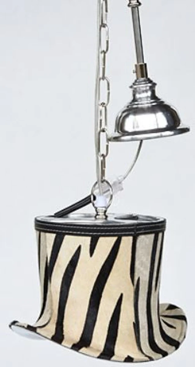 Casa Padrino lámpara colgante de diseño negro / blanco / plata 26 x 21 x A. 18 cm - Lámpara colgante con pantalla decorativa de sombrero con aspecto de cebra