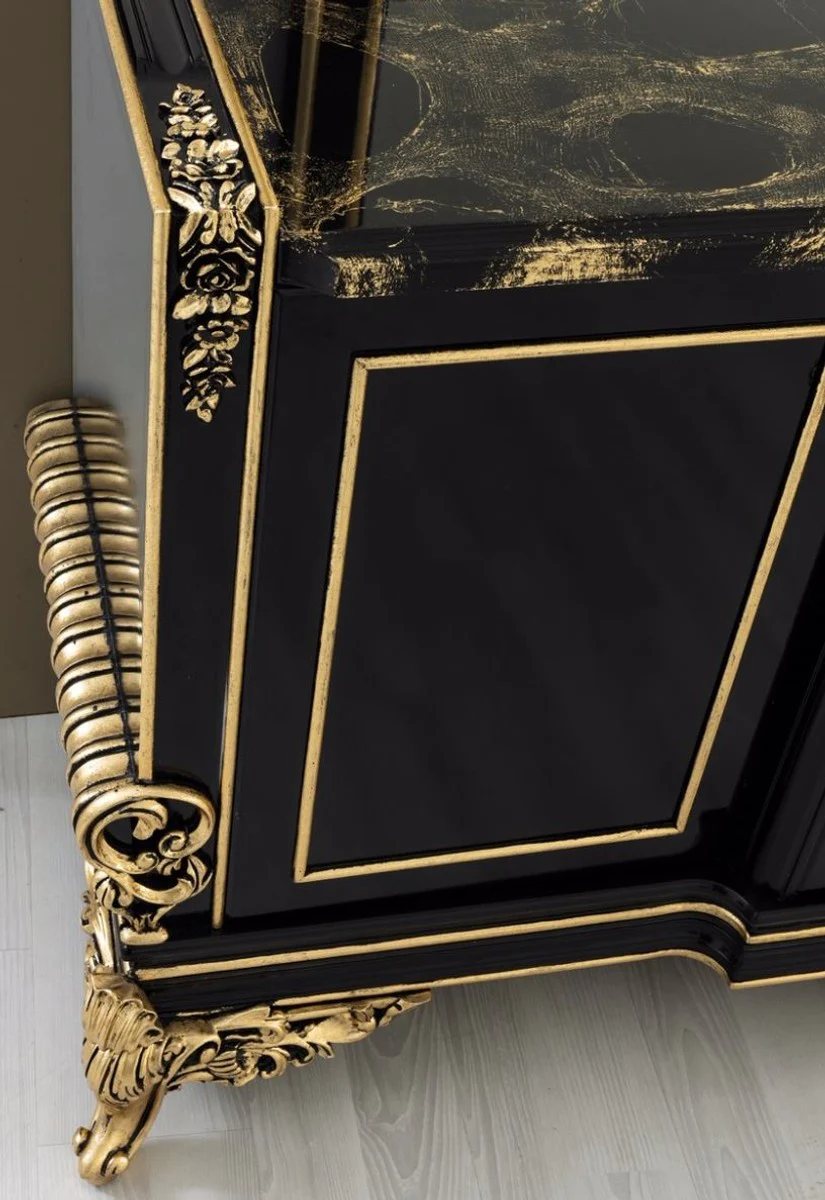 Casa Padrino conjunto de muebles barrocos de lujo negro / oro - 1 Aparador con 4 Puertas y 1 Espejo - Muebles barrocos nobles - Nobles y Suntuoso
