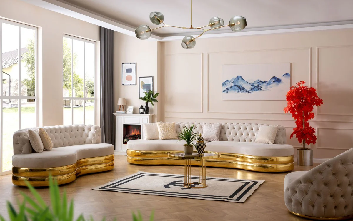 Casa Padrino sof¨¢ de 4 plazas Chesterfield de lujo crema / oro 340 x 105 x A. 82 cm - Sof¨¢ Chesterfield curvo de sal¨®n - Muebles de sal¨®n - Muebles Chesterfield - Muebles de lujo - Interior de lujo