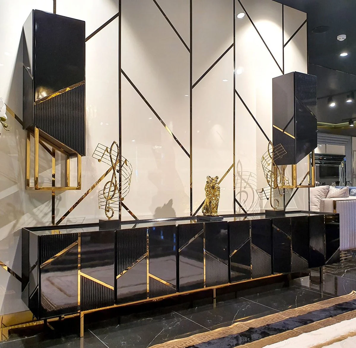 Casa Padrino conjunto de mueble de TV de lujo negro / or - 1 Armario de TV y 2 Gabinetes de Pared - Muebles de TV de sala de estar de lujo - Calidad de Lujo