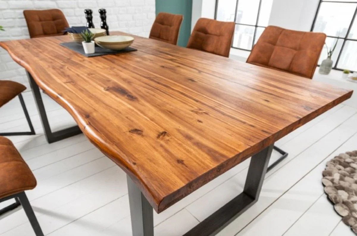 Casa Padrino mesa de comedor de madera maciza marrón / gris 200 x 100 x A. 76,5 cm - Mesa de cocina moderna con tablero de madera maciza de acacia y patas de metal - Muebles de Comedor