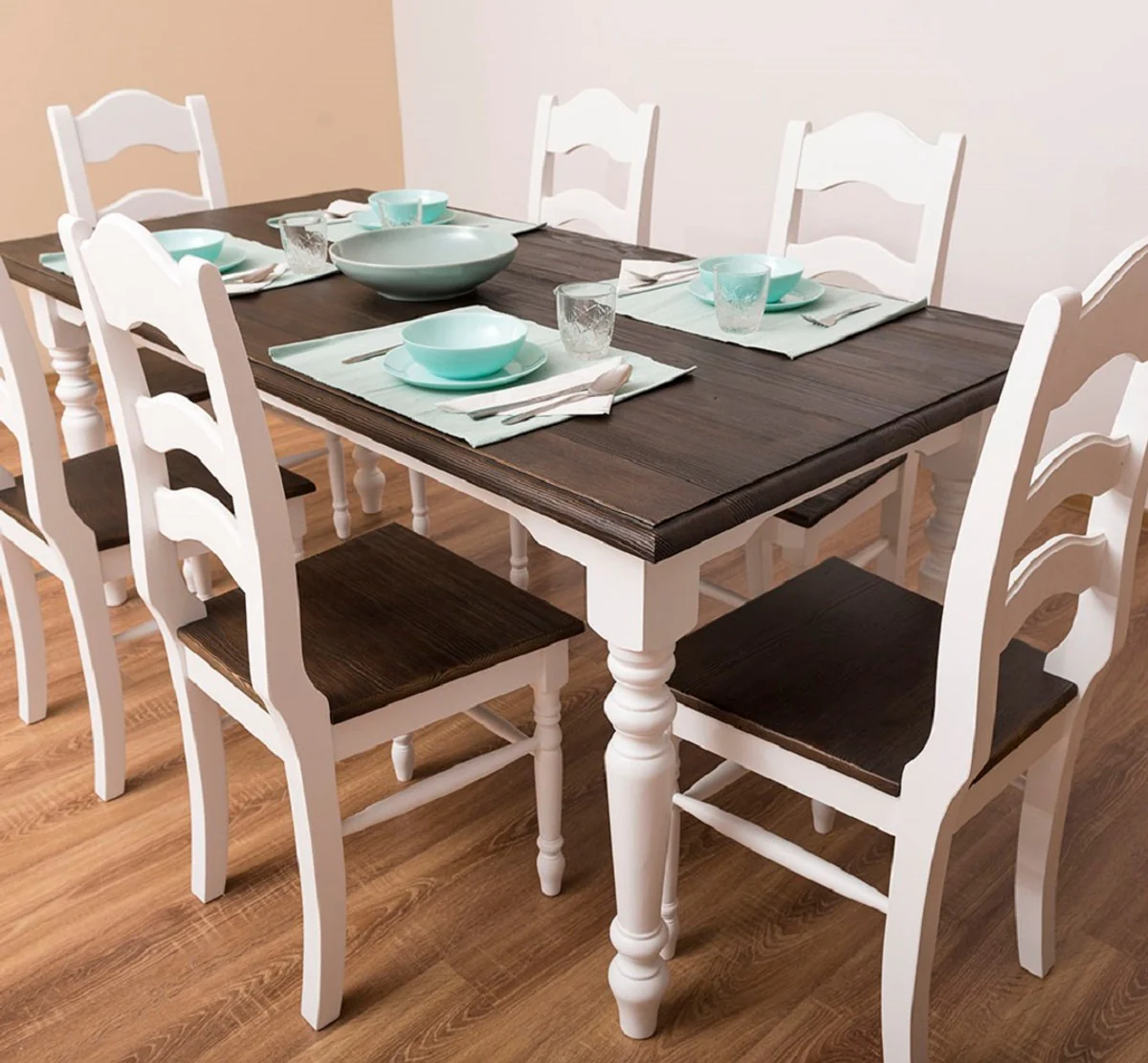 Casa Padrino conjunto de muebles de comedor de estilo campestre blanco / marr¨®n oscuro - 1 Mesa de Comedor y 6 Sillas de Comedor - Muebles de comedor de madera maciza de estilo campestre