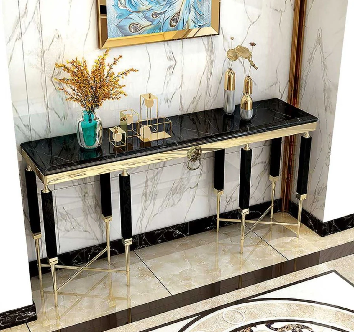 Casa Padrino consola de lujo negro / oro 140 x 40 x A. 85 cm - Mesa consola rectangular con tapa de m¨¢rmol artificial - Muebles de sal¨®n - Muebles de lujo - Interiores de lujo