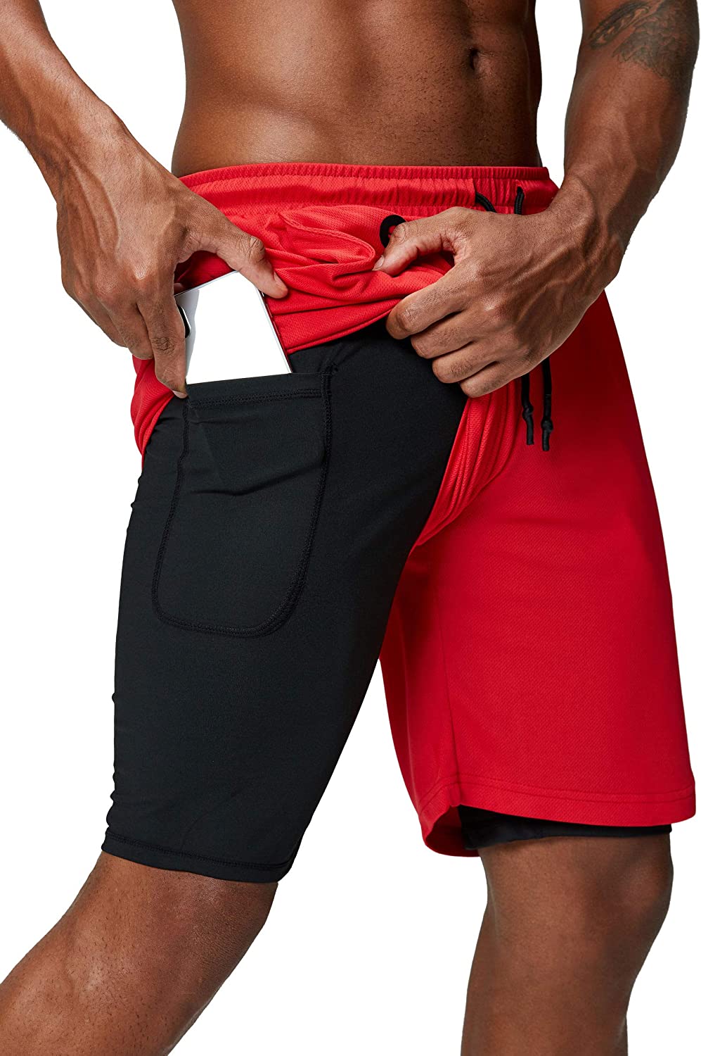 Men's 2 in 1 Running Shorts Gym Workout Quick Dry Mens Shorts with Phone Pocket