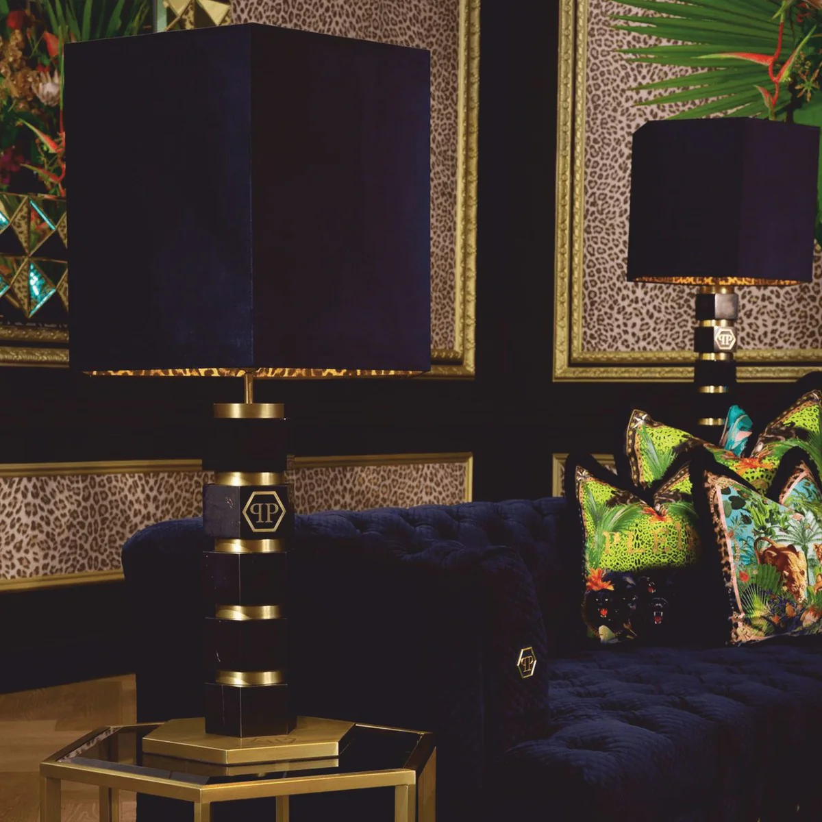 Philipp Plein l¨¢mpara de mesa de m¨¢rmol de lujo A. 76 cm negro / lat¨®n / leopardo - Calidad de lujo