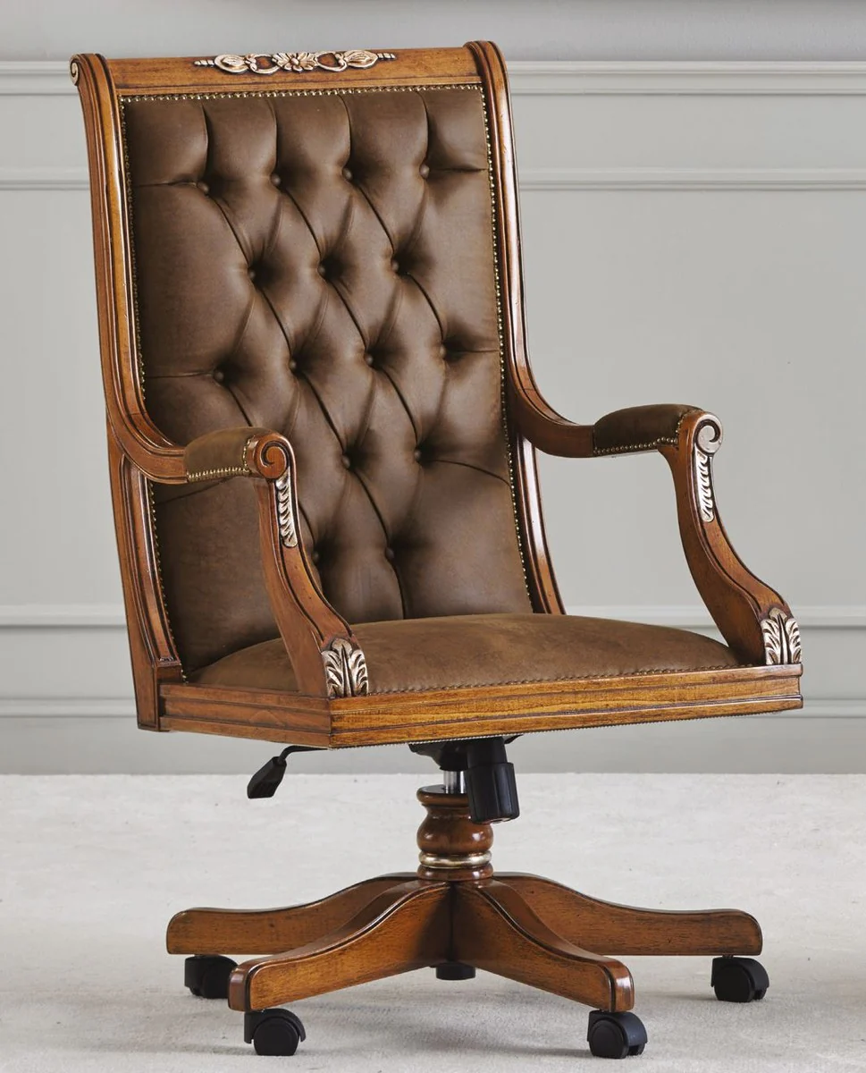 Casa Padrino silla de escritorio Chesterfield barroco de lujo de cuero marr¨®n - Silla de oficina ajustable en altura barroco con cuero genuino - Muebles de oficina barrocos - Hecho en Italia