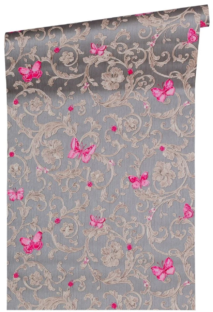 Versace papel pintado barroco no tejido Butterfly Barocco 343255 gris / plata / rosa - Papel Pintado de Diseño - Calidad de Lujo