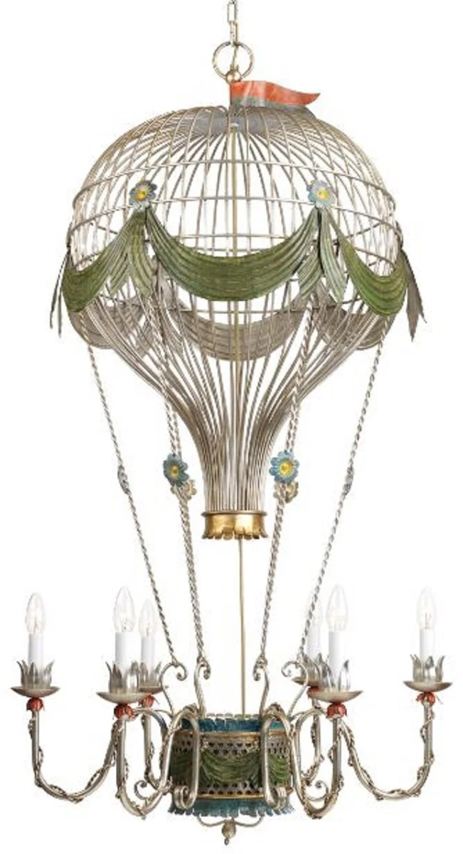 Casa Padrino araña de luces Art Nouveau de lujo globo de aire caliente plata / multicolor Ø 70 x A. 140 cm - Arañas de Luces de Salón Barroco y Art Nouveau