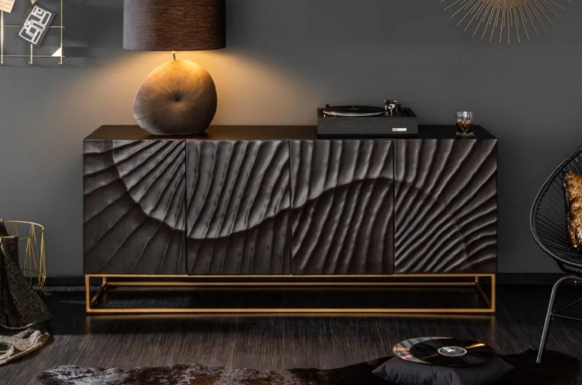 Casa Padrino aparador de lujo con talla 3D hecha a mano y 4 puertas gris oscuro / oro 177 x 45 x A. 76 cm - Gabinete TV - Gabinete de salón - Muebles de salón