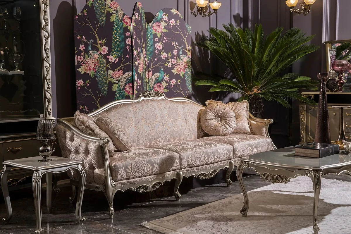 Casa Padrino sof¨¢ de sal¨®n barroco de lujo rosa / plata 245 x 83 x A. 104 cm - Sof¨¢ de madera maciza con patr¨®n elegante y cojines decorativos - Muebles de sal¨®n en estilo barroco