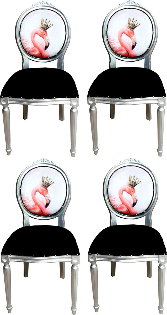 Casa Padrino Conjunto de Sillas de Comedor Barroco de Lujo Flamenco con Corona Negro / Multicolor / Plata 48 x 50 x H. 98 cm - 4 Sillas de Comedor Hechas a Mano con Diamantes de Imitaci¨®n - Muebles de Comedor Barrocos
