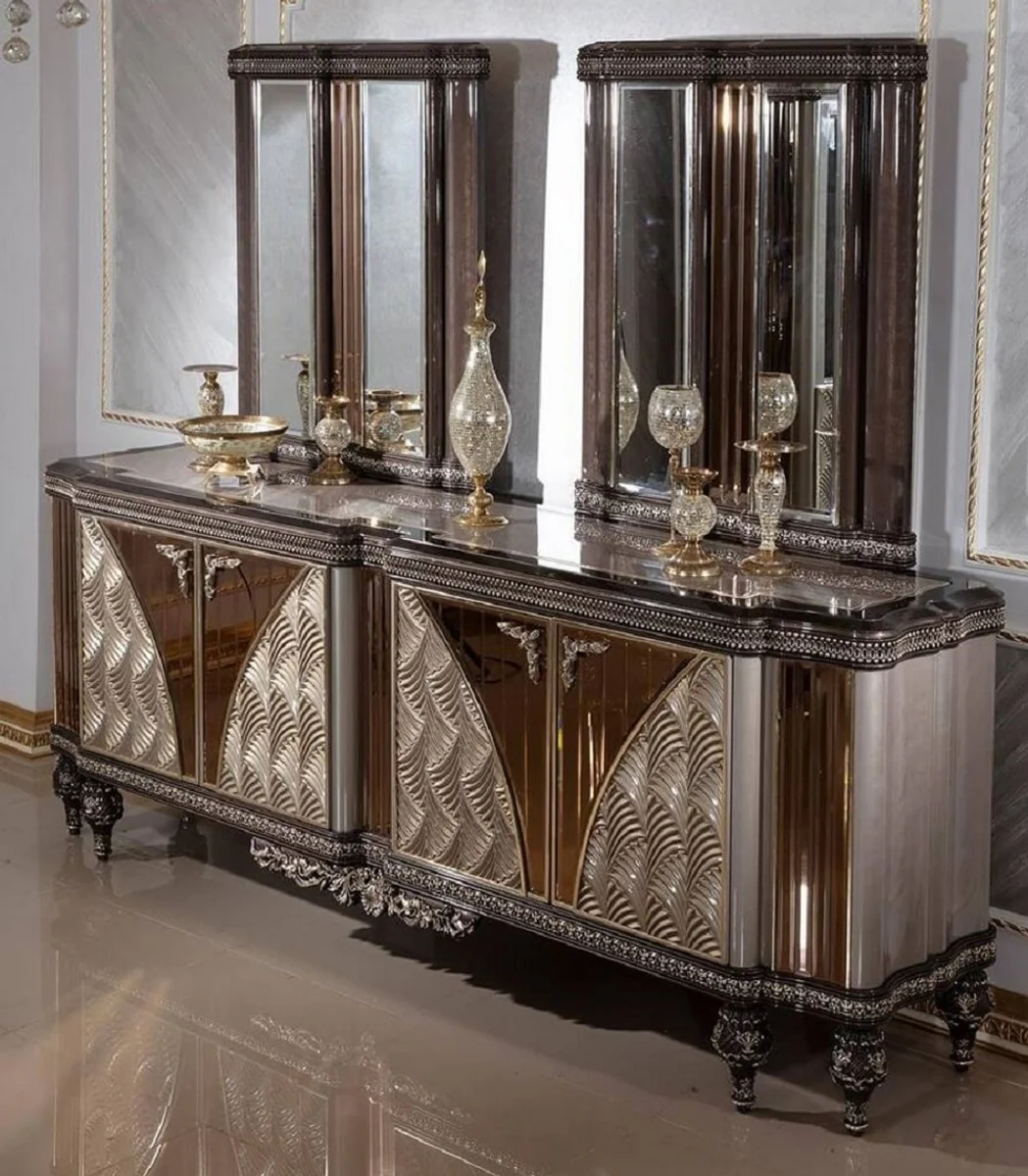 Casa Padrino conjunto de muebles barrocos de lujo gris / negro / plata / oro - 1 Aparador Barroco con 4 Puertas y 2 Espejos de Pared Barroco - Muebles Barroco Hechos a Mano - Noble y Magnífico