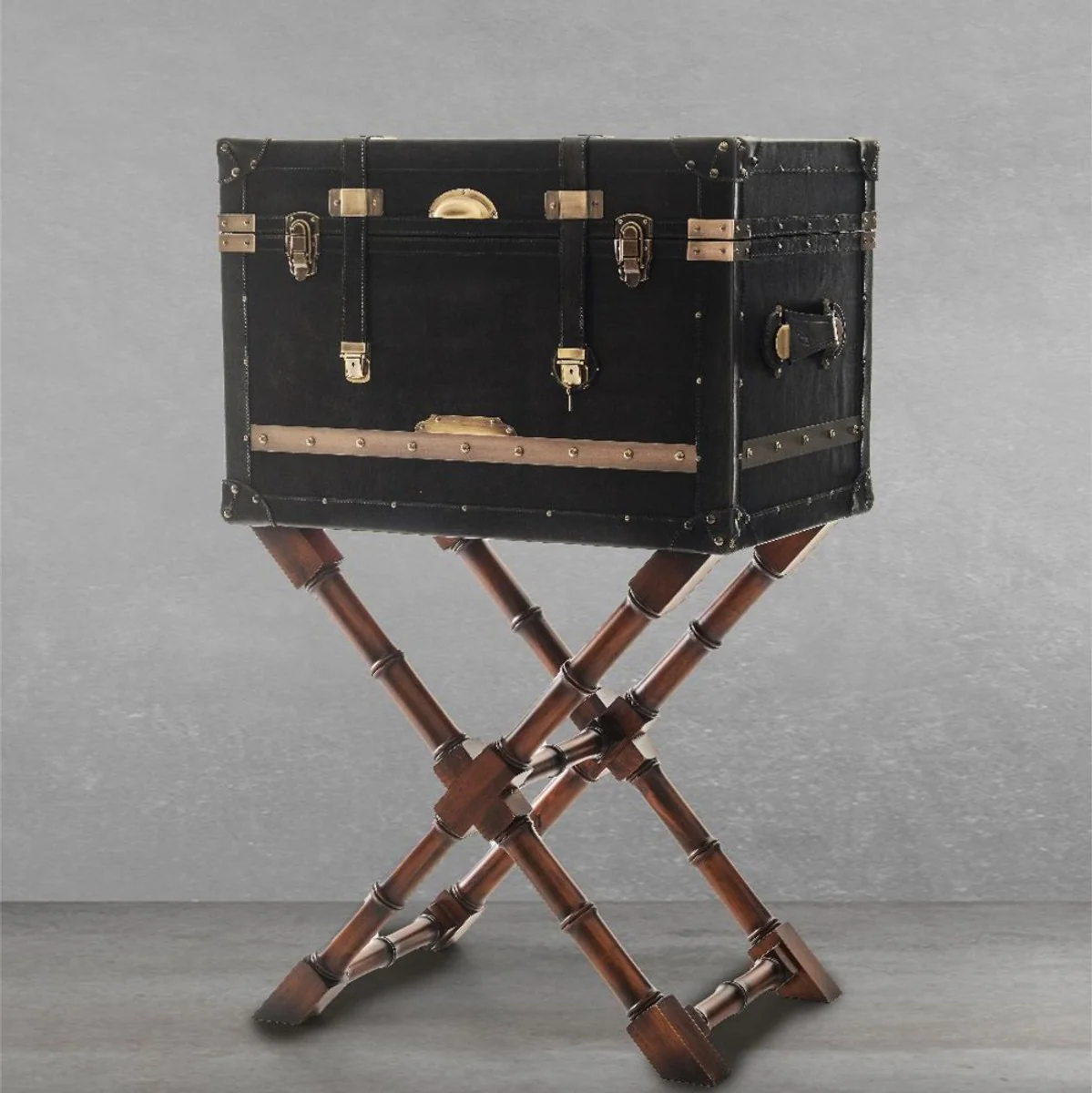 Casa Padrino minibar de cuero de lujo con aspecto de maleta negro / marr¨®n / lat¨®n 62 x 42 x A. 99 cm - Minibar con cuero genuino - Muebles de bar - Muebles de lujo aspecto de maleta