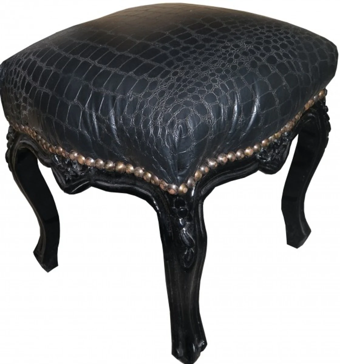 Casa Padrino barroco del pie heces negras / Negro Croco de cuero altura del aspecto 40 cm, ancho 35 cm - muebles barrocos