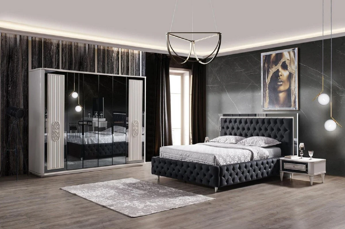 Casa Padrino conjunto de dormitorio de madera maciza de lujo gris oscuro / blanco - 1 Cama Doble con Cabecera y 2 Mesitas de Noche - Muebles de dormitorio - Colección de Lujo
