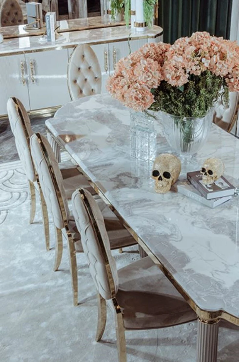 Casa Padrino aparador Art Deco de lujo gris / blanco / oro 235 x 54 x A. 90 cm - Gabinete noble de madera maciza con 4 puertas y tapa de mármol artificial - Muebles Art Deco - Calidad de Lujo