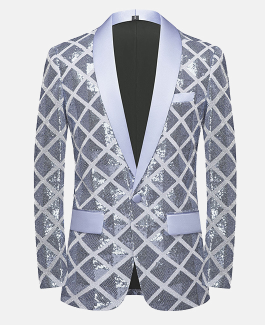 Elegant Plaid Sequin Shawl Lapel One Button Slim Fit Blazer