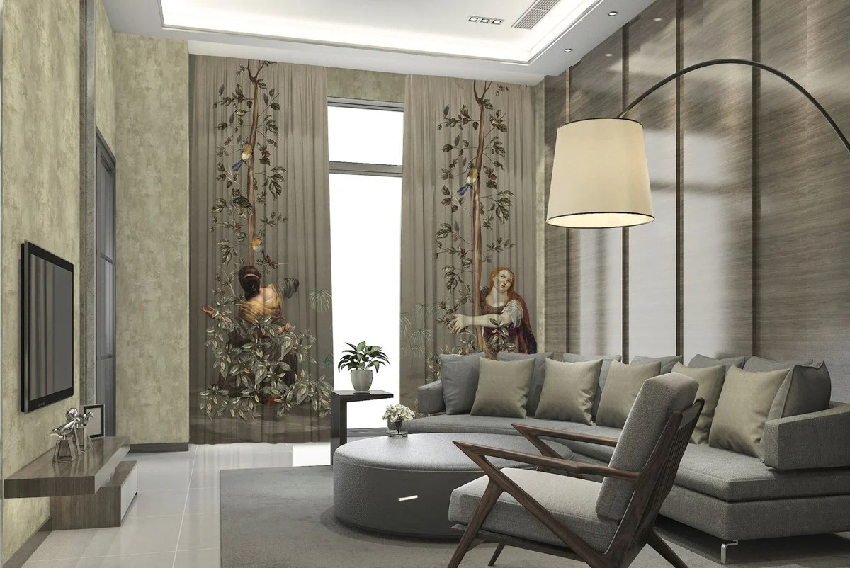 Casa Padrino conjunto de cortinas de lujo mujeres en el jardín gris / multicolor 250 x A. 290 cm - Cortinas de lino y terciopelo estampadas - Cortinas de ojales - Cortinas correderas - Colección de Lujo