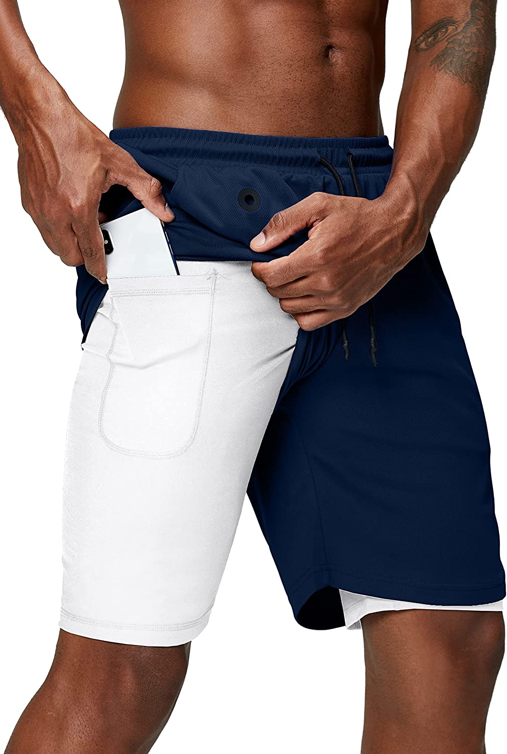 Men's 2 in 1 Running Shorts Gym Workout Quick Dry Mens Shorts with Phone Pocket