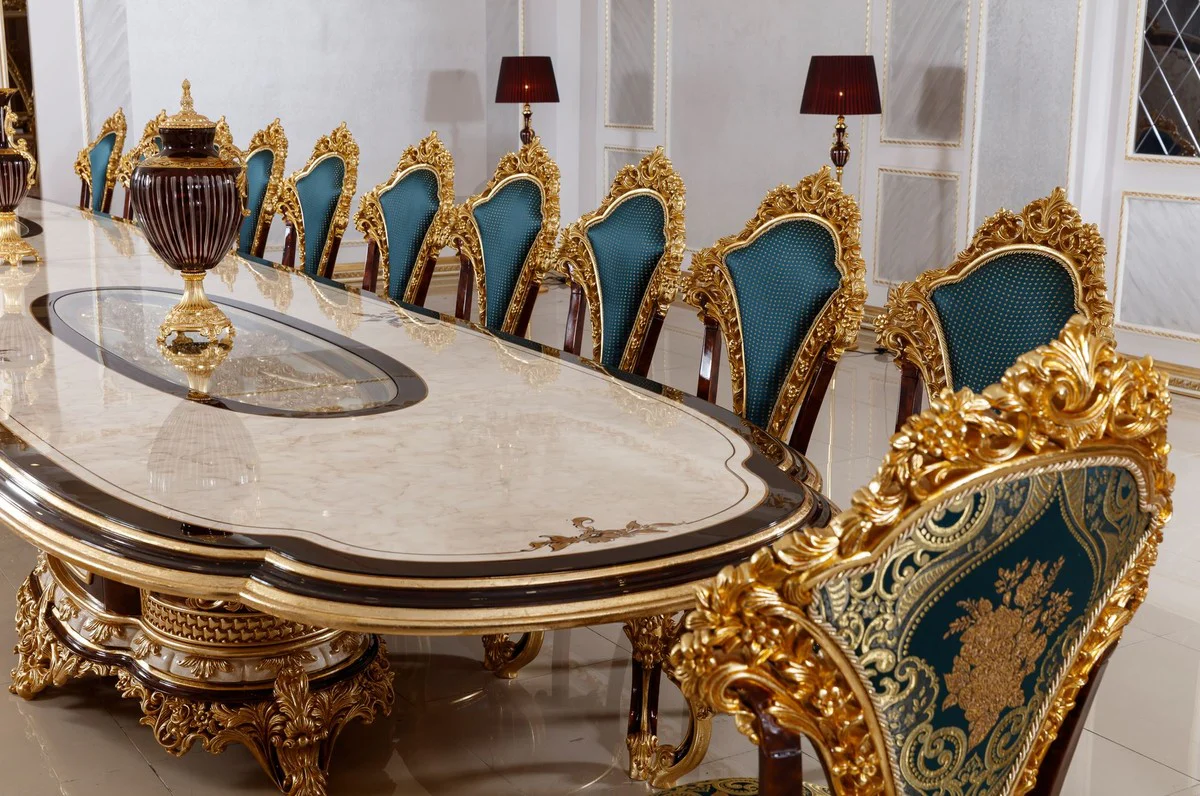 Casa Padrino conjunto de comedor barroco de lujo blanco / marr¨®n / azul / oro - 1 Mesa de Comedor Barroco y 22 Sillas de Comedor Barrocos - Muebles hotel - Muebles de castillo - Muebles de palacio