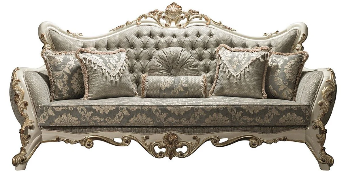 Casa Padrino sof¨¢ de sal¨®n barroco de lujo gris / blanco / oro 235 x 95 x A. 120 cm - Sof¨¢ adornado con pedrer¨ªa y almohadas decorativas - Muebles Barrocos Nobles