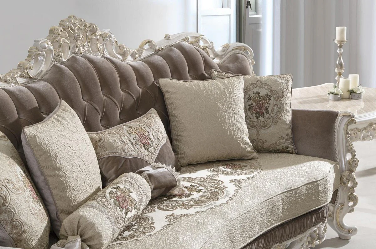 Casa Padrino sof¨¢ de sal¨®n barroco de lujo con cojines decorativos marr¨®n / beige / blanco / oro 240 x 90 x A. 120 cm - Muebles de sal¨®n barrocos nobles