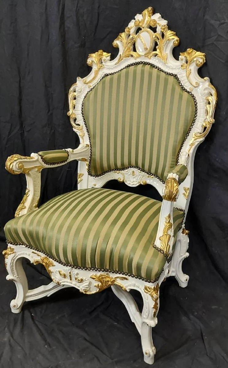 Casa Padrino sillón de trono barroco con rayas verde / blanco / oro - Sillón de madera maciza hecho a mano en estilo barroco - Sillón de estilo antiguo - Muebles estilo antiguo - Muebles barrocos