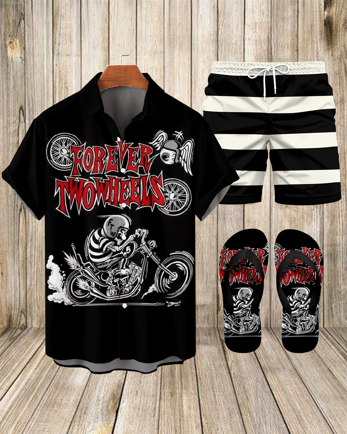 Suitmens Men's Modified Motorcycle Print Shirt Three-Piece Set 066