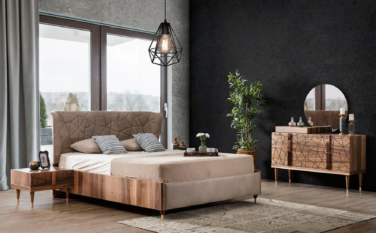 Casa Padrino Cama Doble de Lujo Gris / Marr¨®n / Cobre 193 x 225 x A. 115 cm - Cama de Madera Maciza - Muebles Dormitorio - Muebles Hotel - Muebles de Lujo - Interior de Lujo