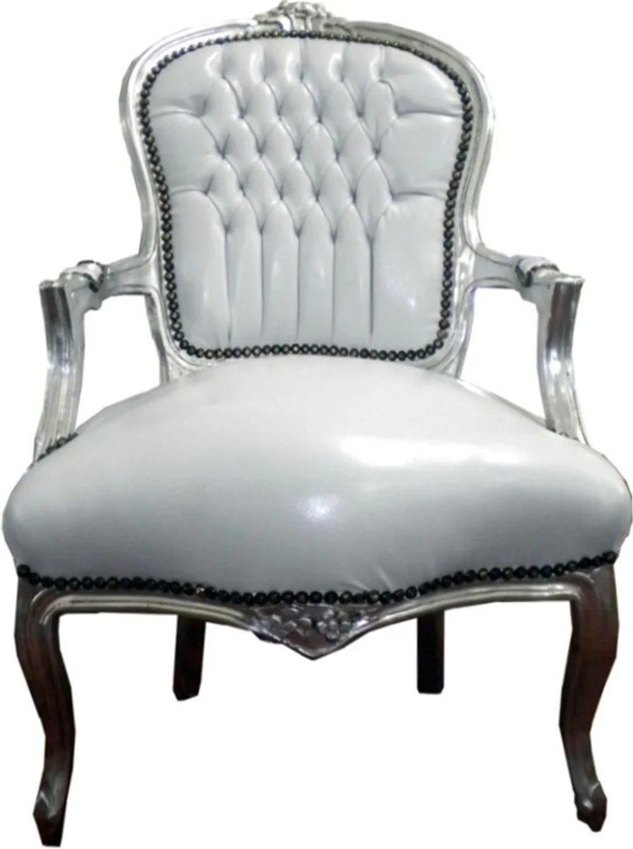 Silla Casa Padrino barroco Sal¨®n Blanco / Plata mirada del cuero - muebles de estilo antiguo
