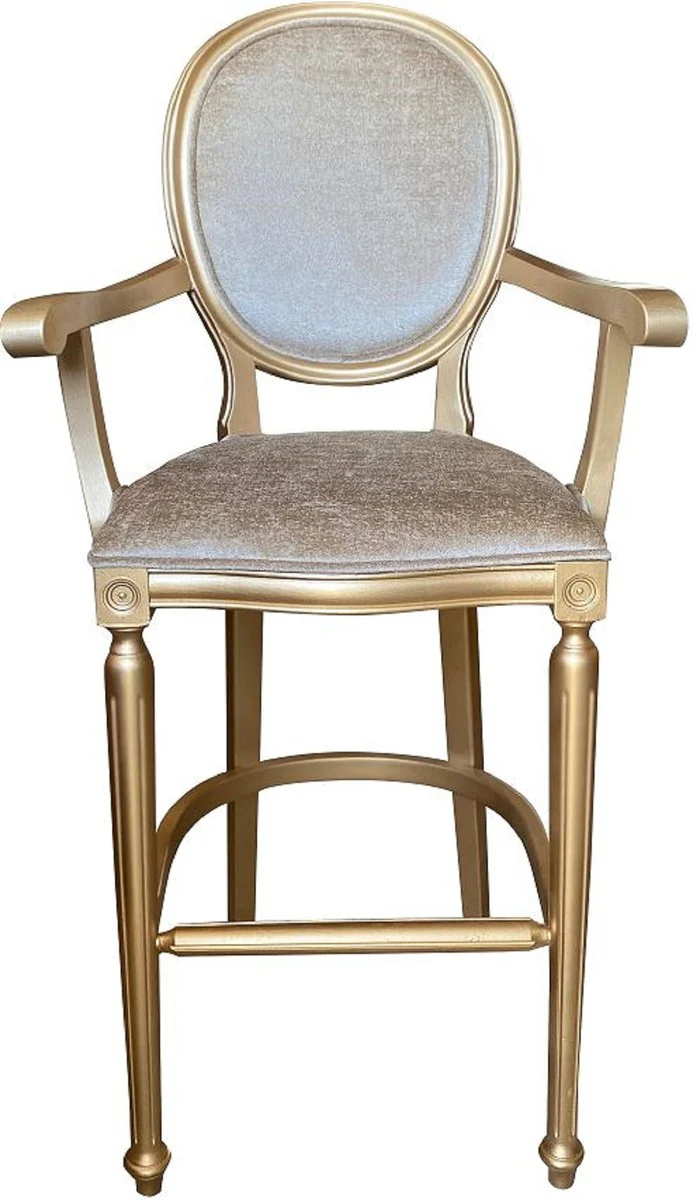 Casa Padrino silla de bar barroco con reposabrazos oro / oro - Taburete de bar estilo antiguo de madera maciza con tejido de terciopelo - Muebles de bar barrocos hechos a mano