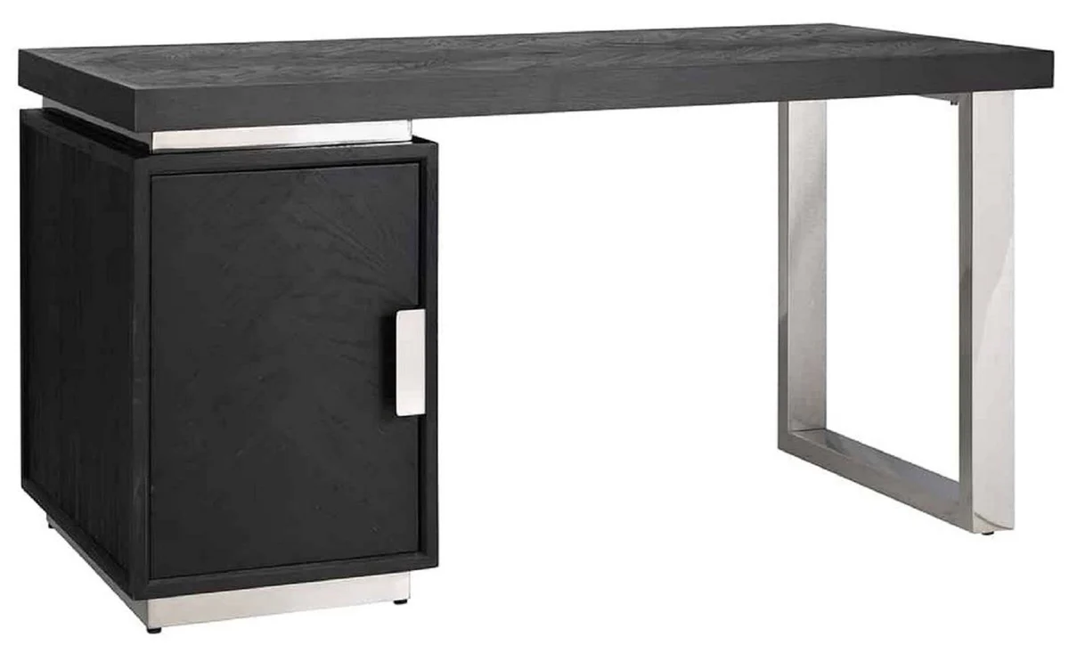 Casa Padrino escritorio de madera maciza de lujo negro / plata 150 x 70 x A. 77 cm - Mesa de Oficina - Mesa de Ordenador - Muebles de Oficina de Lujo