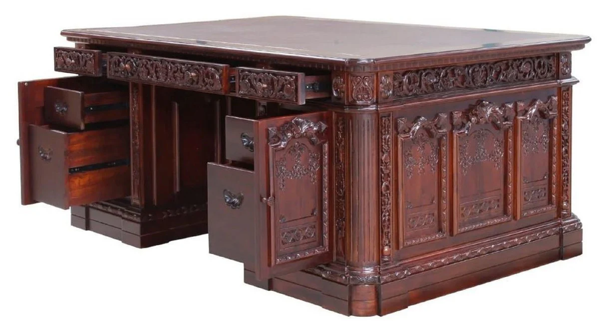 Casa Padrino Escritorio de Caoba Barroco de Lujo Marr¨®n Oscuro / Marr¨®n 185 x 125 x A. 83 cm - Magn¨ªfica Mesa de Oficina de Madera Maciza Barroco - Muebles de Oficina de Caoba Oficina Barrocos