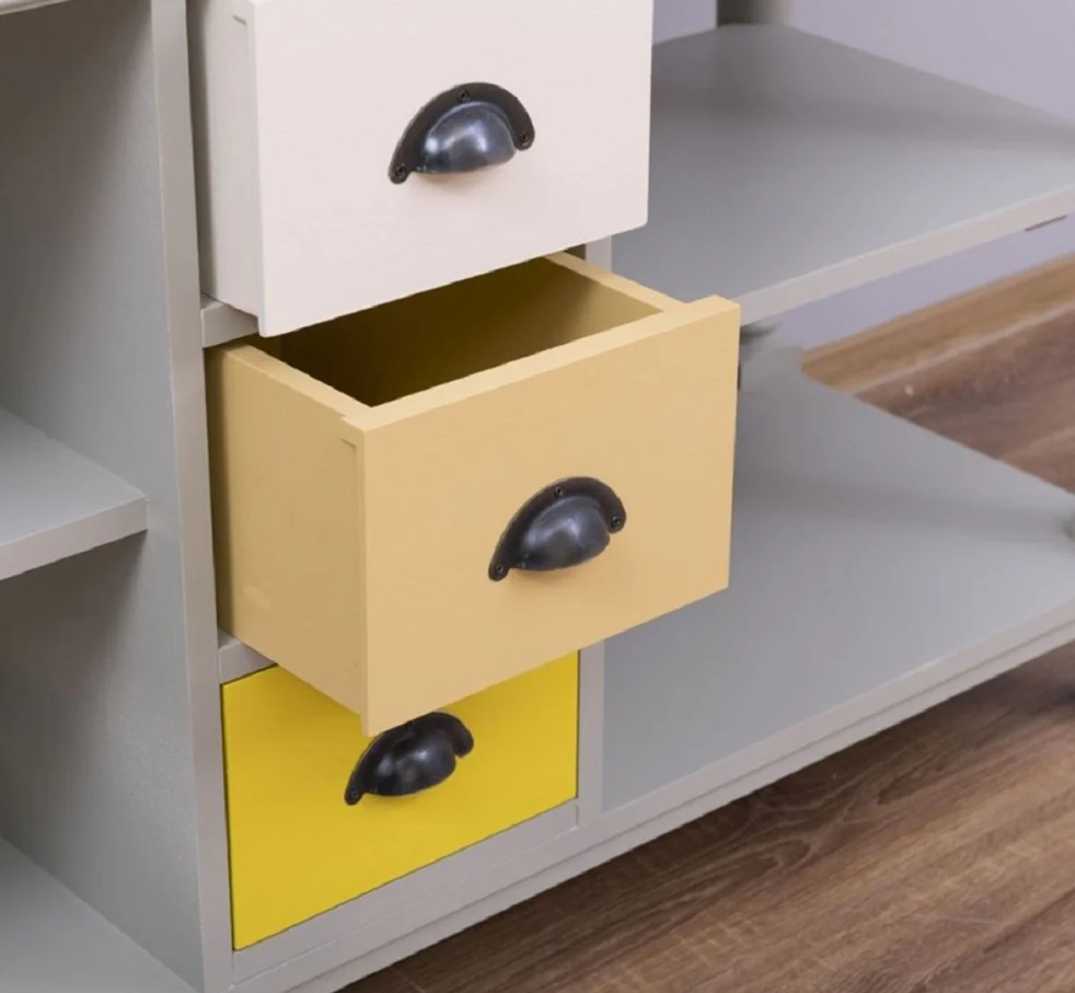 Casa Padrino Conjunto de Baño de Estilo Campestre Gris / Natural / Multicolor - 1 Gabinete del Fregadero Doble y 1 Espejo de Pared - Muebles de Baño de Madera Maciza en Estilo Campestre