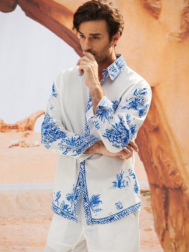 Floral Contrast Chest Pocket Long Sleeve Shirt