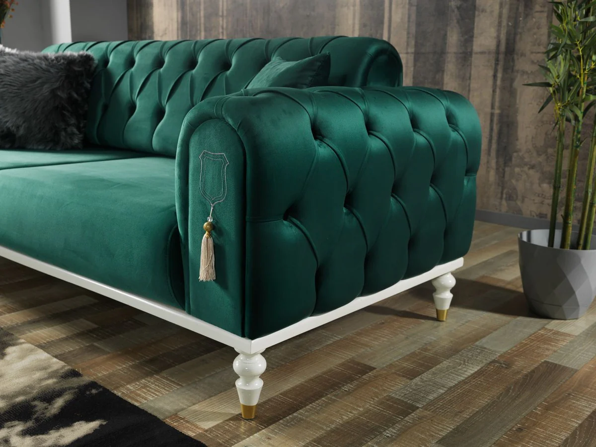 Casa Padrino sof¨¢ cama Chesterfield de lujo verde / blanco / oro 230 x 95 x A. 83 cm - Sof¨¢ de sal¨®n con 3 almohadas - Muebles de sal¨®n de lujo