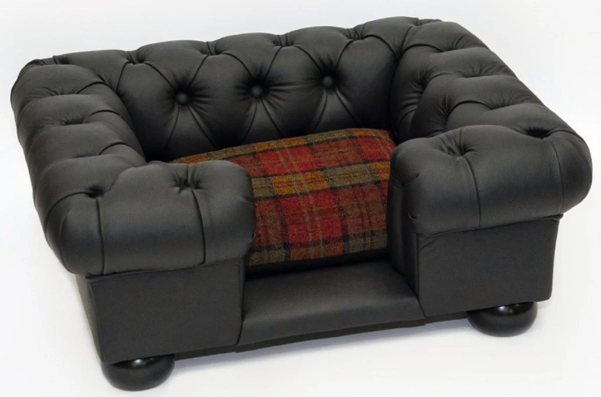 Casa Padrino cama para perros Chesterfield de lujo negro / multicolor 109 x 89 x A. 37 cm - Cama para perros de cuero genuino rectangular - Muebles para Mascotas Chesterfield de Lujo