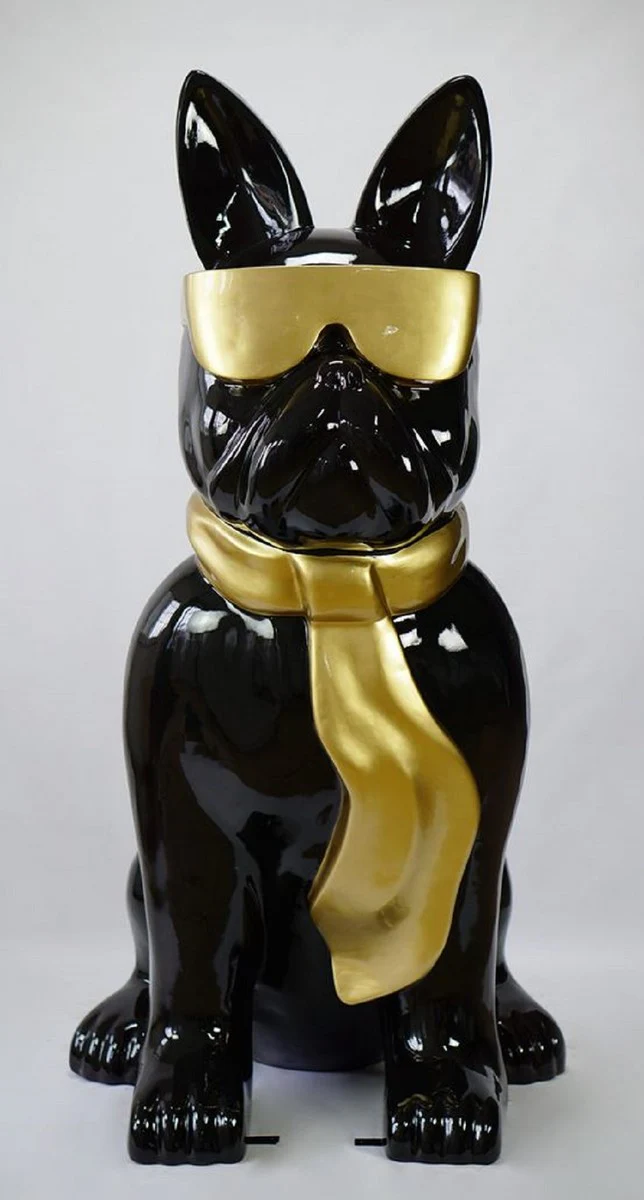 Casa Padrino escultura decorativa XXL de lujo perro bulldog con gafas y corbata negro / oro A. 196 cm - Enorme escultura de jard¨ªn - Enorme figura de jard¨ªn - Esculturas Decorativas XXL