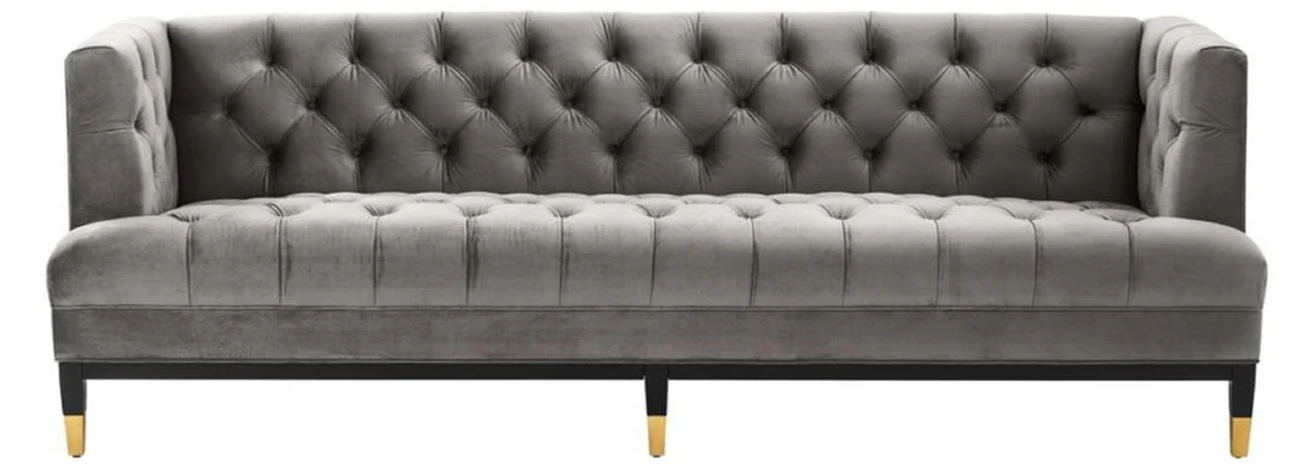 Casa Padrino sofá de la sala de estar de lujo gris / negro / latón 230 x 85 x H. 79 cm - Sofá Chesterfield de Terciopelo