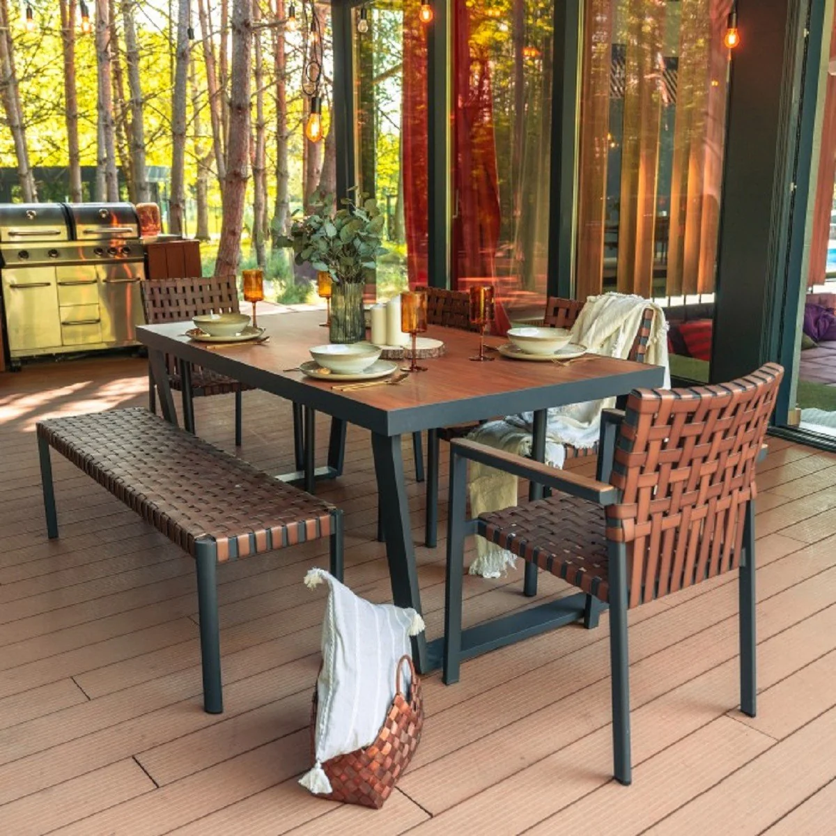 Casa Padrino conjunto de muebles de jard¨ªn de lujo marr¨®n / gris - 1 Mesa de jard¨ªn y 4 Sillas de jard¨ªn y 1 Banco de jard¨ªn