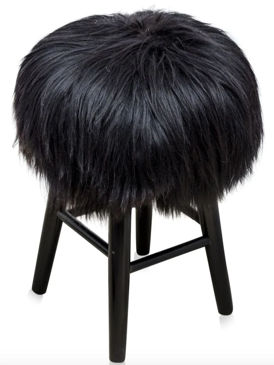 Casa Padrino Luxury Stool Black Ø 40 x H. 57 cm - Stool with Sheepskin
