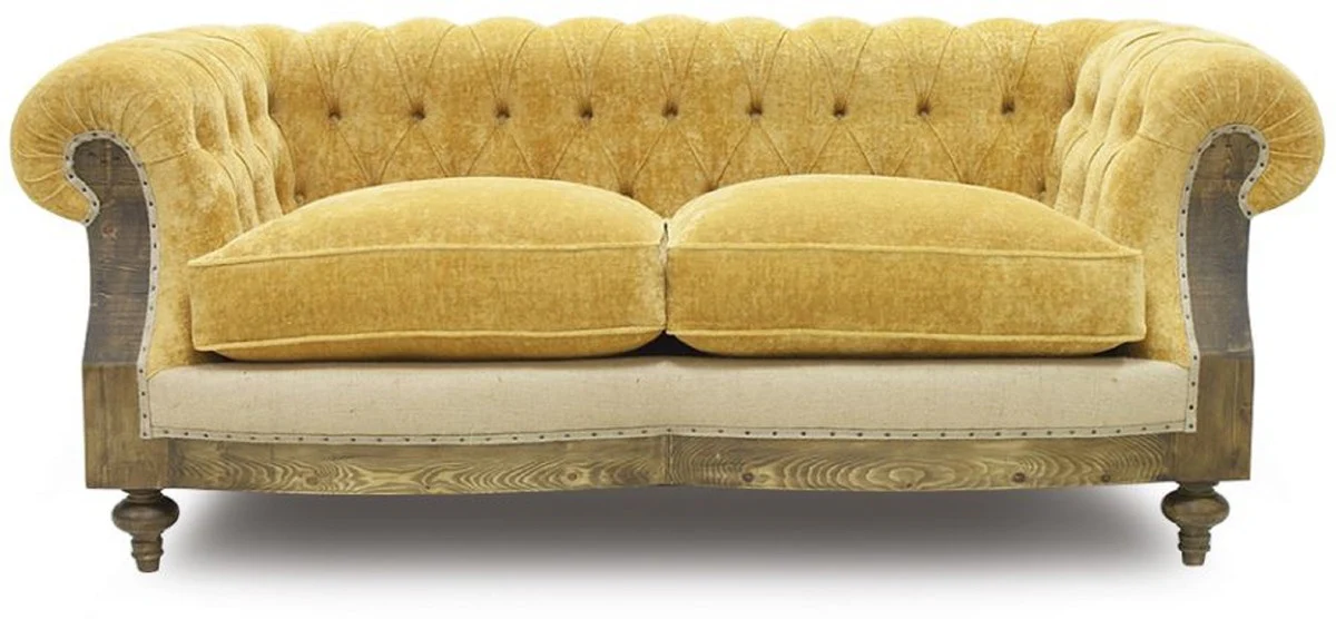 Casa Padrino sof¨¢ Chesterfield de lujo amarillo / beige / marr¨®n 215 x 100 x A. 72 cm - Sof¨¢ de sal¨®n - Muebles de sal¨®n - Muebles Chesterfield - Muebles de lujo - Interior de sal¨®n