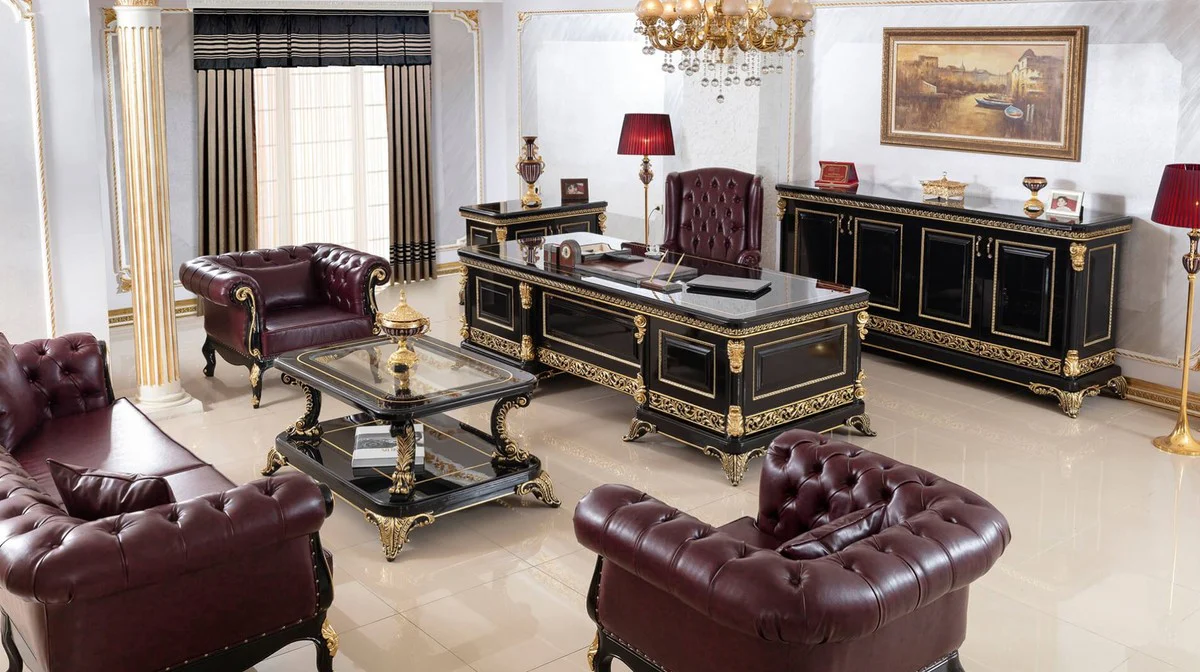 Casa Padrino silla de oficina barroco de lujo rojo burdeos / negro / oro - Silla de escritorio ajustable en altura con cuero artificial - Muebles de oficina de lujo estilo en barroco