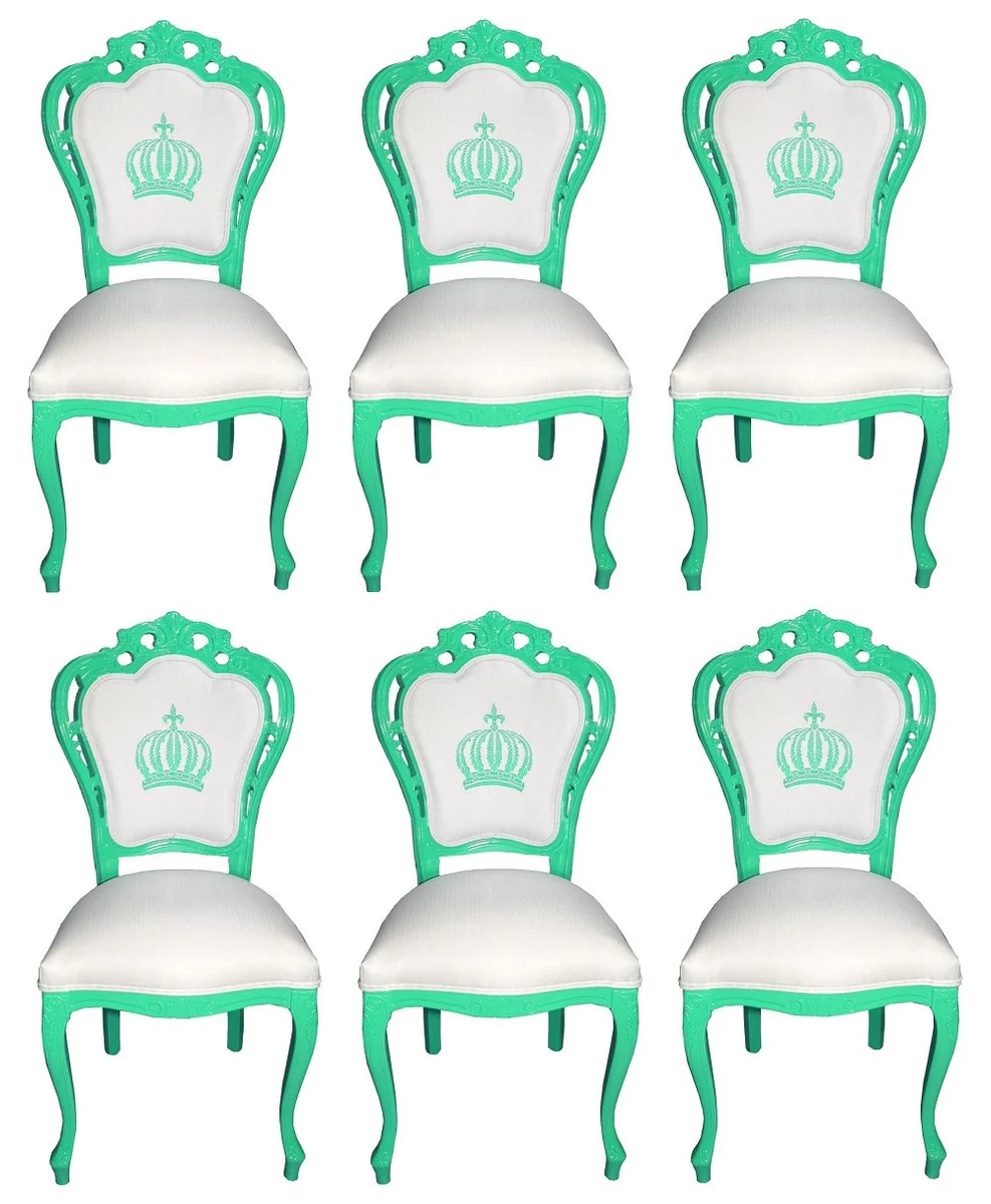 Pomp??s by Casa Padrino Sillas de Comedor Barroco de Lujo Blanco / Verde - Sillas de Estilo Barroco de Pomp??s Dise?adas por Harald Gl??ckler - 6 Sillas de Comedor - Muebles Barrocos